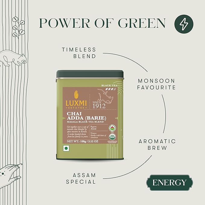 Luxmi Estates Chai Adda-Bari 100gm Tin | Masala Chai | Certified Organic Black Tea