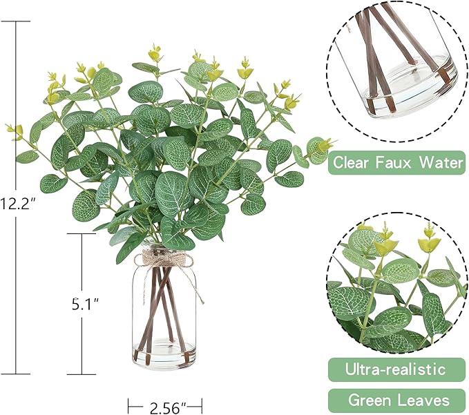 Artificial Eucalyptus Stems in Glass Vase with Faux Water,Artificial Plants Eucalyptus Leaves for Shelf Desk Bathroom Farmhouse Room Coffee Table Home Decor, Central Decoration.