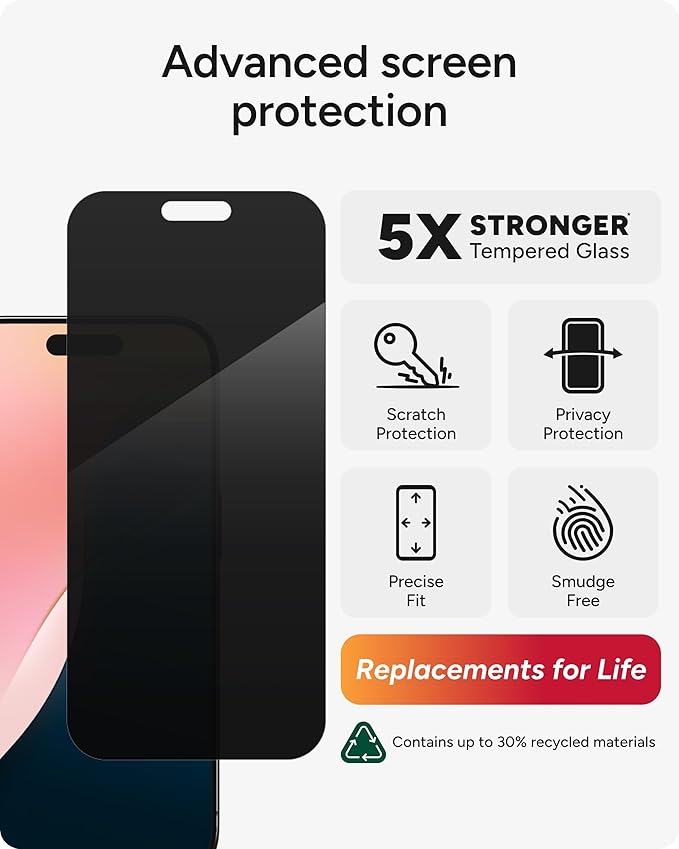 ZAGG Glass Elite Privacy iPhone 15 Pro Screen Protector - 5X Stronger with Reinforced Edges, 2-Way Privacy Filter, Scratch & Smudge-Resistant Surface, InvisibleShield, Easy to Install