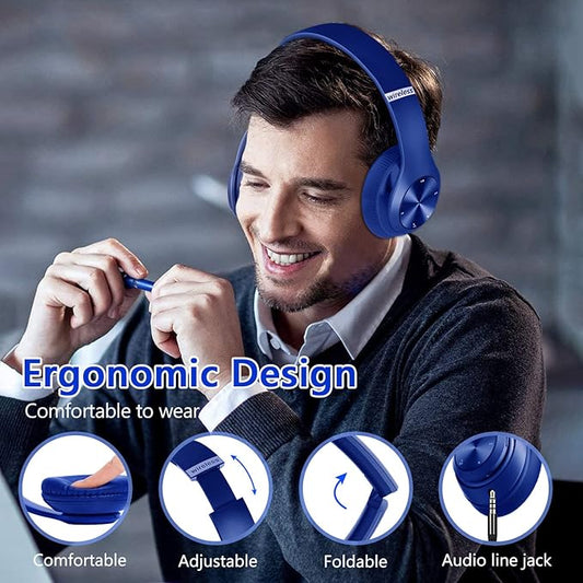 9S Wireless Over-Ear Bluetooth Headphones, 60 Hours Playtime, Hi-Fi Stereo, 6 EQ Modes, Built-in Microphone, Foldable Design, Blue