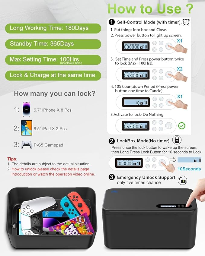 Safe Timed Lock Box, Phone Lock Box with Timer Unplug from Phones,Video Games,Social Media,Snacks&Cravings,Self-Control Lockable Storage Box, Phone Locker Time Locking Container for Better Habits