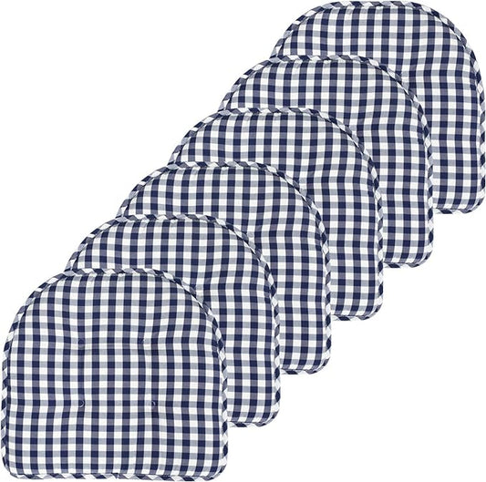 Sweet Home Collection Chair Cushion Memory Foam Pads Tufted Slip Non Skid Rubber Back U-Shaped 17" x 16" Seat Cover, 6 Pack, Checkered Navy/White
