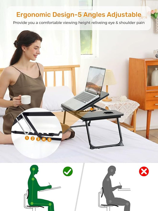 Lap Desk for Couch/Sofa/Floor, 5-Angle Adjustable Bed Desk with Foldable Legs &Cup Holder, Light Weight Bed Tray Table for Writing/Eating/Reading, Portable Laptop Stand for Adults, Kids