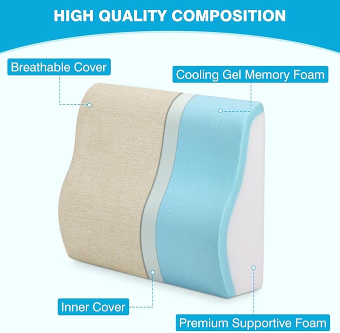 TANYOO Back Support Pillow for Recliner Dual Layer Lumbar Support Pillow with Gel Memory Foam Ergonomic Orthopedic Lumbar Cushions for Elderly Lower Back Pain Relief Washable Cover Khaki