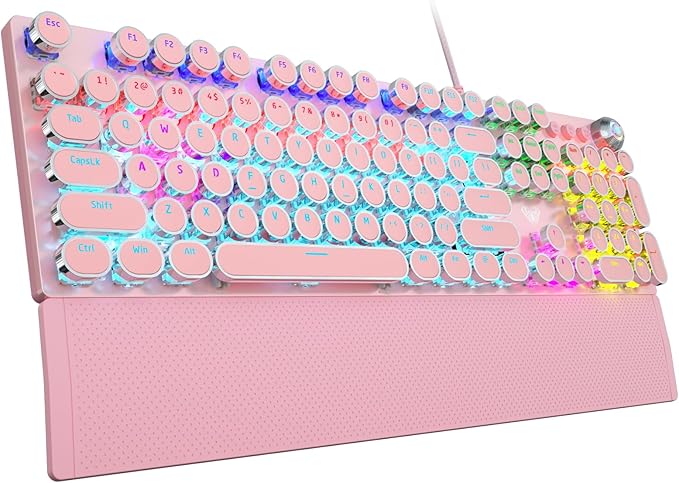 AULA F2088 Typewriter Style Mechanical Gaming Keyboard,Rainbow LED Backlit,Removable Wrist Rest,Media Control Knob,Retro Punk Round Keycaps,USB Wired Computer Keyboard,Pink