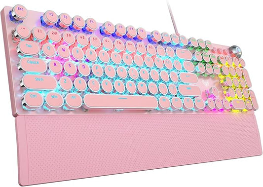 AULA F2088 Typewriter Style Mechanical Gaming Keyboard,Rainbow LED Backlit,Removable Wrist Rest,Media Control Knob,Retro Punk Round Keycaps,USB Wired Computer Keyboard,Pink