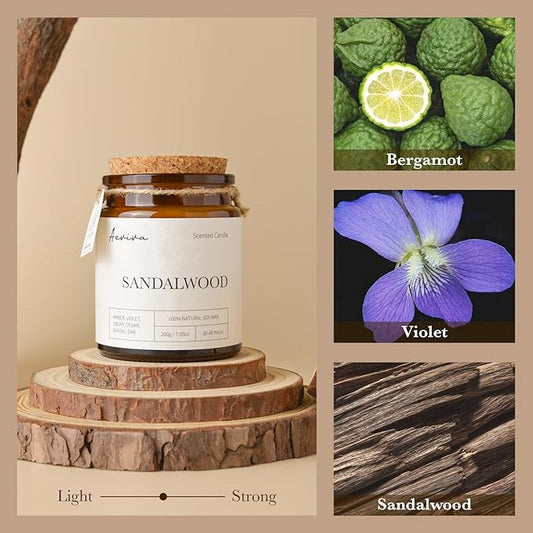 Scented Candle, 7.05 oz Sandalwood Aromatherapy Candle, Natural Soy Wax with Wooden Wick, Candles for Home Scented, Stress Relief Amber Jar Candle Gifts