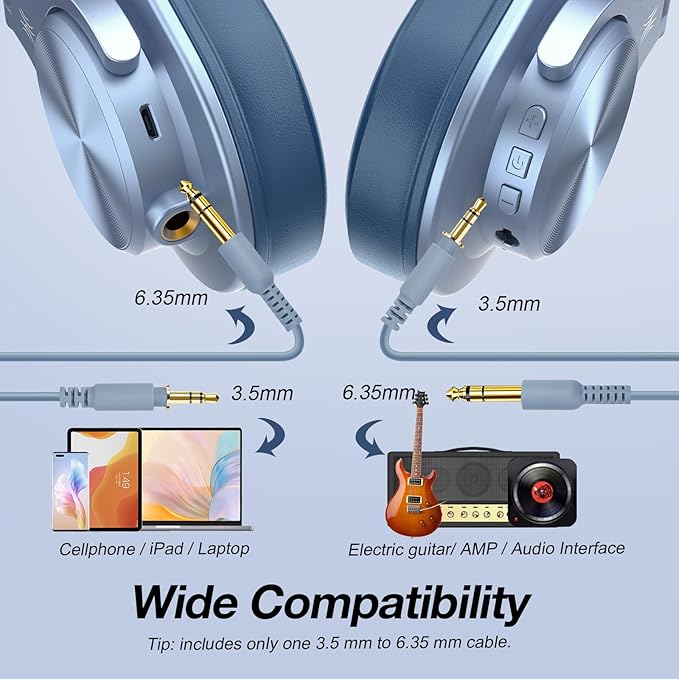 OneOdio A70 Bluetooth Over Ear Headphones, Wireless Headphones w/ 72H Playtime, Hi-Res, 3.5mm/6.35mm Wired Audio Jack for Studio Monitor & Mixing DJ Guitar AMP, Computer Laptop PC Tablet - Sky Blue