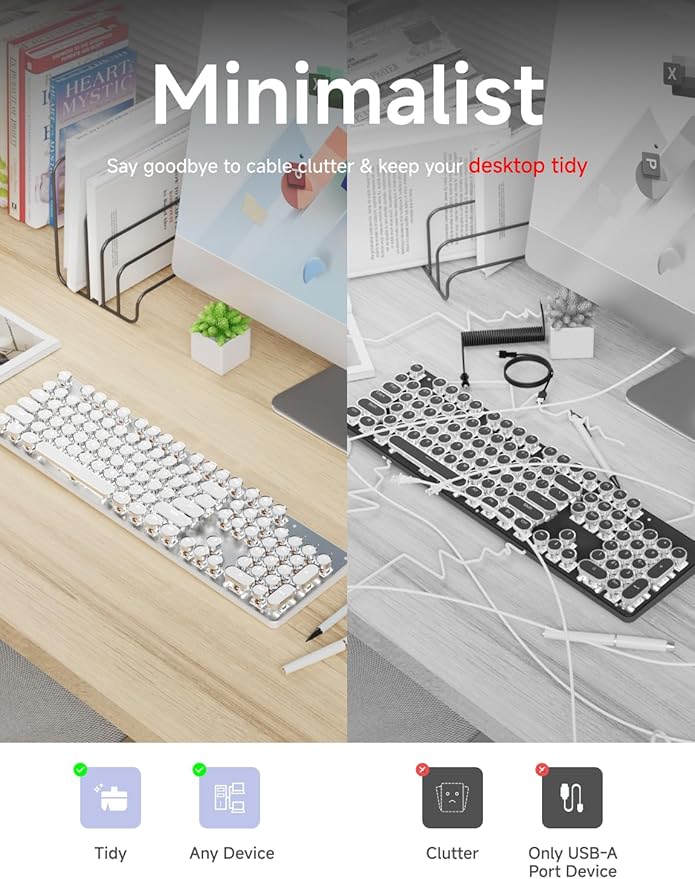 EWEADN TK950 Typewriter Keyboard Wireless Mechanical Keyboard, 104 Keys Aesthetic Typewriter Keyboards with White Backlit, Anti-Ghosting, Blue Switch Bluetooth/2.4GHz/Wired Keyboards-White