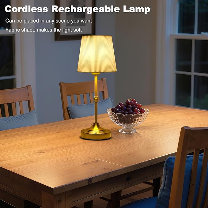 Cordless Table Lamp Rechargeable, 5200mAh High Capacity Battery Powered, Touch Dimmable Gold Lamp for Nightstand,Bedside,Kitchen,Living Room 15.8" (Fabric Lampshade)