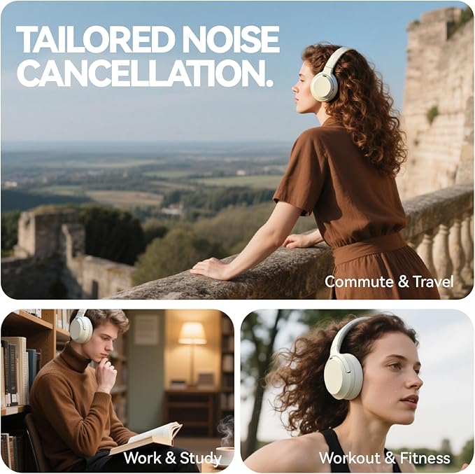 Hybrid Active Noise Cancelling Headphones, Wireless Over Ear Bluetooth Headphones with Mic, 40H Playtime, Hi-Res Audio, Deep Bass, Foldable Comfort Fit Ear Cups for Travel, Office, Home (White)