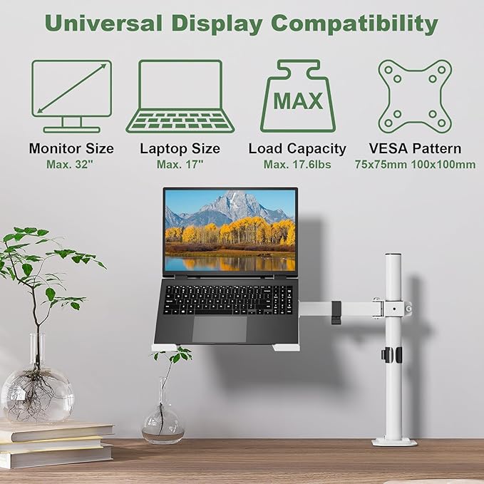 White Laptop Desk Mount with Vented Tray for Notebook up to 17 inch, Fully Adjustable Single Laptop Arm Stand Holds up to 17.6 lbs, Clamp on/Grommet Mounting