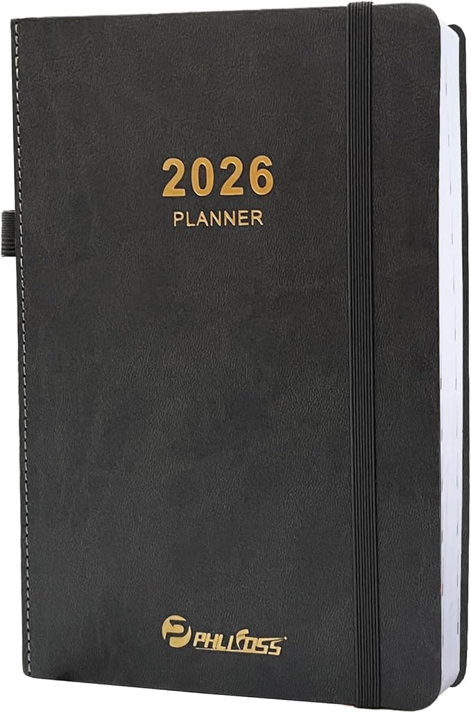 2026 Daily Planner/Calendar, One Page Per Day, Daily Monthly Agenda Planner with Time Slots, Jan - Dec 2026, 5.7" x 8.25" Appointment Book, Pen Holder, Leather Cover (2026-Dark Grey Blue)