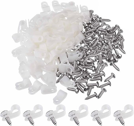 Hicarer 50 Pack R-Type Cable Clip Wire Clamp, Nylon Screw Mounting Cord Fastener Clips with 50 Pack Screws for Wire Management (White,1/2 Inch)