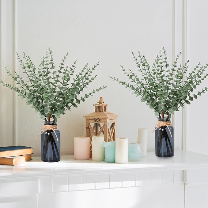 Leftover 18.8" Artificial Eucalyptus Stems in Black Glass Vase,Fake Plant Eucalyptus Plant for Centerpiece Table Decorations Black Bathroom Farmhouse Home Decor