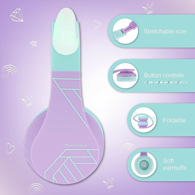 PowerLocus Bluetooth Headphones for Kids, Wireless Foldable Headphones Over Ear, Headphone with Microphone, 85DB Volume Limit, Wireless and Wired Headset with Micro SD, FM for Cellphones, Tablets, PC