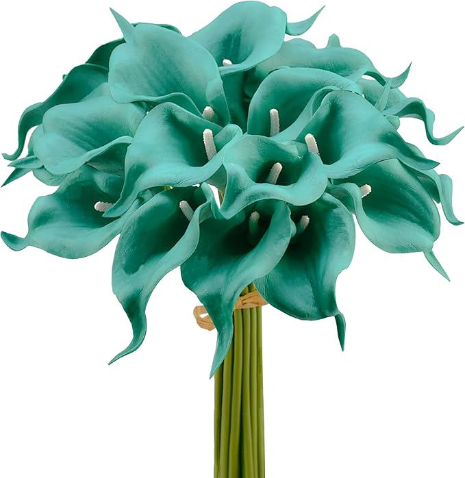 Mandy's PU Teal Calla Lily Artificial Flowers 20 Stems 13.5in Faux Realistic Centerpiece DIY Bridal Bouquet Home Décor