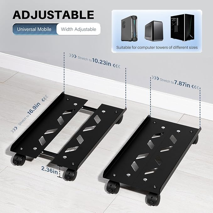 Mobile PC Stand, Adjustable Metal Computer Tower Stand, PC Floor Stand with 4 Locking Caster Wheels, PC Tower Stand, CPU Holder, PC Cart PC Riser Fits Most PC for Gaming Office Desk