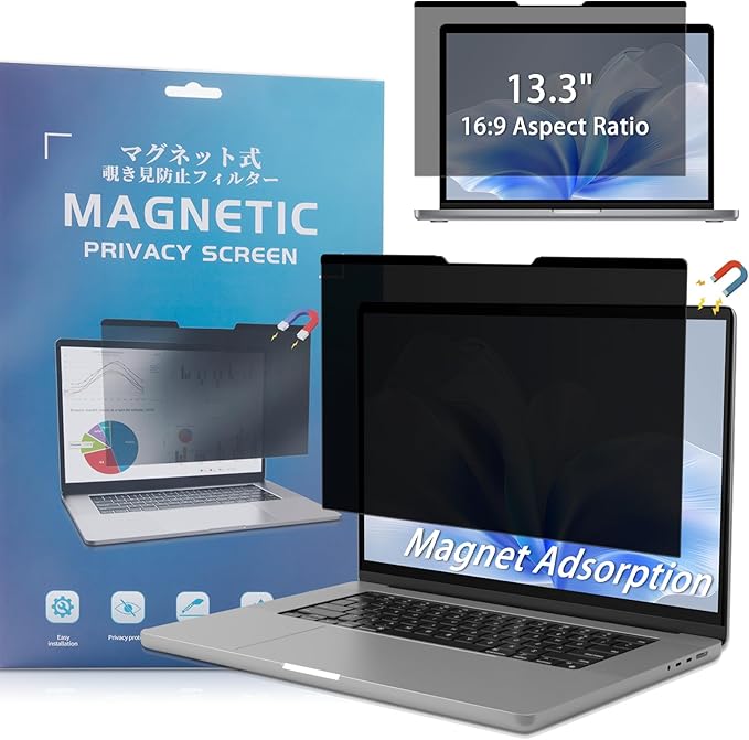 Magnetic Privacy Screen 13.3" 16:9 for Laptops - 2-Sided Removable Anti-Peeping/Anti-Glare, Blue Light Block, UV Protect, Reduce Strain, Fits Chromebook/Lenovo/HP/Dell/Acer/ASUS/XPS