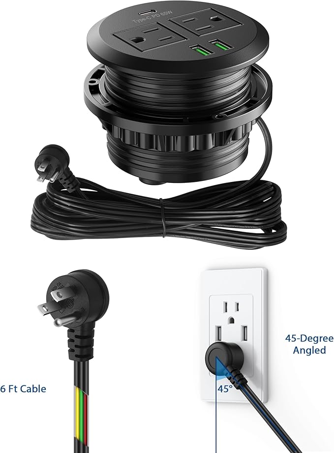 Jgstkcity 3 inch Desktop Power Grommet, Max 65W USB C Charger,2 Outlets, 3 USB Ports, Flush Mount Desk Hole Round Power Outlet, High-Speed Charging Station, Recessed Power Strip,6ft Cord Flat Plug