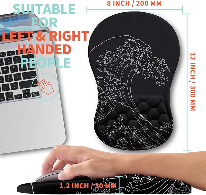 Ergonomic Mouse Pad Wrist Support with Memory Foam Massage Bulge, Carpal Tunnel Pain Relief Mousepad Wrist Rest for Mouse(12x8 inch,Sea Wave)