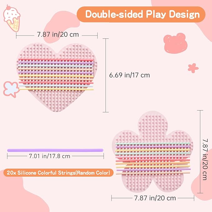 2 Pack Sensory Activity Board with 20 Random-Color Strings, Double-Sided Silicone Sensory Fidget Toy for Kids and Adults with Autism, ADHD, Silent, Stress Relief, Calming, Focus, Gift for Girls Boys