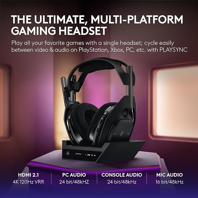 Logitech G Astro A50 X Omni-Platform Wireless Gaming Headset + Base Station for PS5, Xbox, PC: PLAYSYNC Video & Audio Switcher, HDMI 2.1 4K 120Hz VRR, <24 bit/48 kHz, 24hr Battery, 2.4GHz & BT - Black