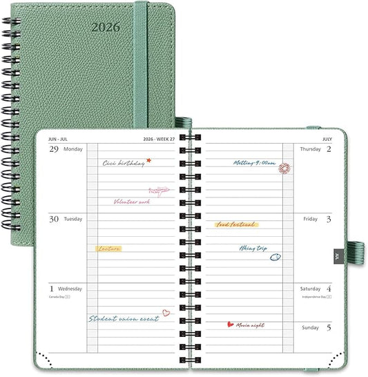 POPRUN 2026 Pocket Planner, (Small Size-4'' x 6.25'') - Daily Weekly and Monthly Calendar Agenda 2026 Appointment Book with Monthly Tabs, Spiral Soft Cover, Inner Pocket, 100 GSM - Midnight Green