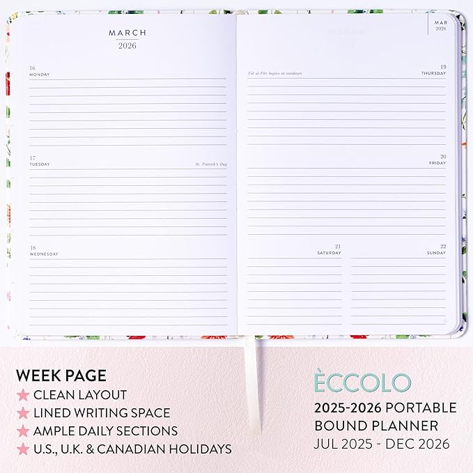 2025-2026 Eccolo 18 Month Bound Planner, Monthly & Weekly Pages (5.25 x 7.75" - July 2025 to Dec 2026 - Watercolor Flowers)
