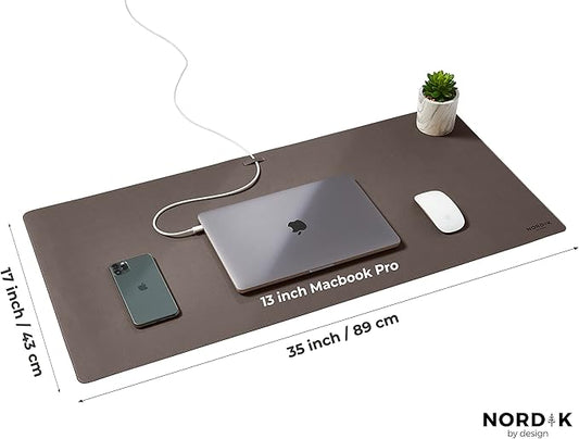Nordik Cork Leather Desk Mat Cable Organizer - Gunmetal Grey 35 X 17 inch - Premium Extended Mouse Mat for Home Office Accessories - Non-Slip Vegan Leather Desk Pad Protector & Desk Blotter Pad