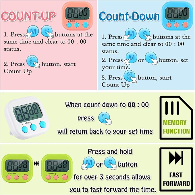 Xuhal 50 Pieces Digital Kitchen Timer Bulk, Small Magnetic Timers for Classroom, Digits Stopwatch Clock Timer for Cooking Baking Sports Games Office, Not Including Battery (Multicolor)