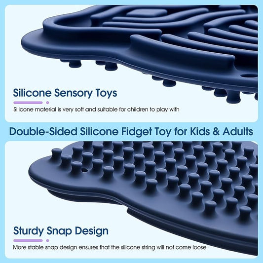 Sensory Activity Board Silicone Fidget Toy, Double-Sided Rainbow Sensory Toys for Autism, Stress, Anxiety, ADHD, Kids 3+& Adults, Includes Travel Bag & 12 Strings, Dark Blue