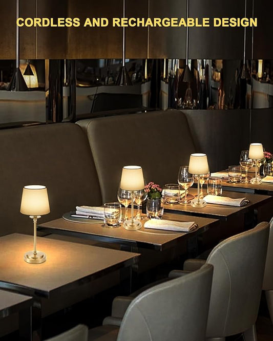 Egobasic Cordless Rechargeable Table Lamp with Remote, Small Portable Battery Operated Lamp with Timer, 12 RGB Lighting Dim, Restaurant Dining Bed Side Table Night Lights, Fabric Shade, Antique Brass