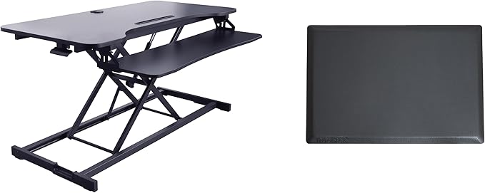 Rocelco 43" Height Adjustable Standing Desk Converter with Anti Fatigue Floor Mat - Tall Stand Up Tabletop Riser and Tablet Slot - Computer Workstation - Deep Keyboard Tray - Black (R VADRB-43-MAFM)