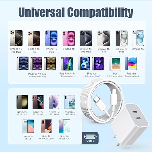 iPhone 17 Air/16e/15 Pro Max Charger Fast Charging, 2Pack 20W Dual USB C Fast Charger Block 10FT Long USB C to C Charging Cable Cord for iPhone 17/17 Pro/17 Pro Max/16 Pro Max/15 Pro/15 Plus/iPad Pro