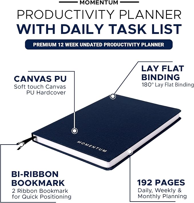 Momentum - Daily, Weekly, Monthly Productivity Planner Kit | Navy Blue Undated A5 Size Planner | 192 Pages Journal + Motivational Stickers + Motivational Post Card