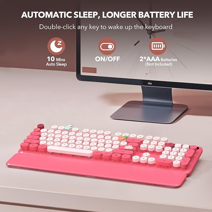 Retro Typewriter Wireless Keyboard, Pink Round Keycaps with Detachable Wrist Rest, Vintage Style Computer Cordless Keyboard, Cute Full-Size for Windows/PC/Laptop (Ideal for Writer/Gamer/Office)