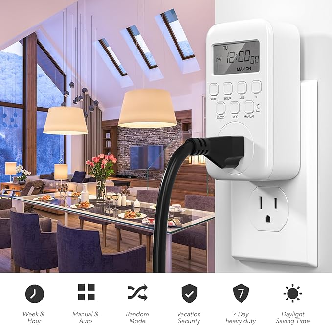 BN-LINK Digital Timer Outlet, 7 Day Heavy Duty Programmable Timer, On/Off Programs 3-Prong Grounded, Indoor, for Lamp, Light, Fan, Pets, Home, Kitchen, Office, Appliances, 125V, 15A, 1875W, 60Hz