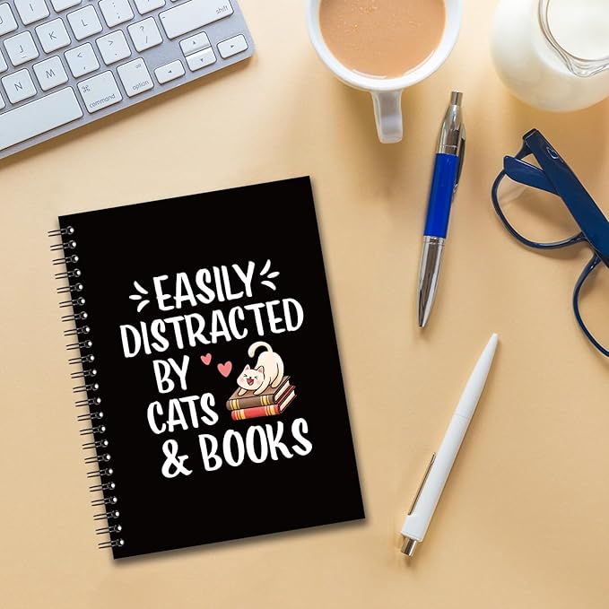 YAZMEEN Funny Cat Blank Spiral Notebook（160 Pages） Easily Distracted by Cats and Books Hardcover Sketchbook Cat Lover Notebook Book Lover Journal Funny Birthday Gifts for Librarian Bookworm Teacher