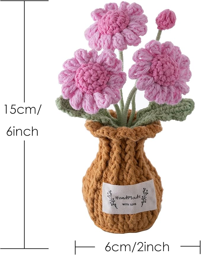 Handmade Crochet Flowers, 6 Inches Small Potted Plants, Knitted Desk Decorations for Home Office Decor (Daisies)