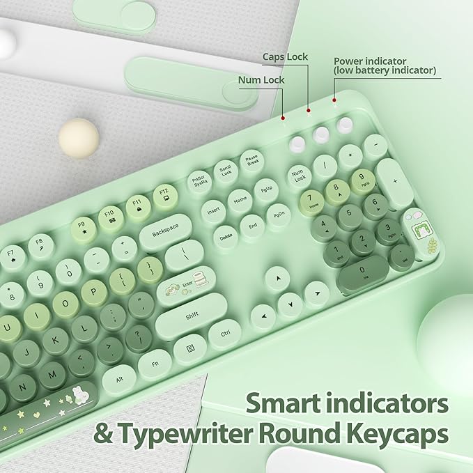 Fogruaden Green Keyboard and Mouse Wireless, Retro Typewriter Keyboard, 2.4GHz 104 Keys Full Size Cute Keyboard with Number Pad, Gradient Colorful Keyboard with Round Keycaps for Windows PC Laptop