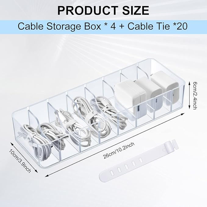 Tatuo 4 Pcs Cable Organizer with 40 Wire Ties, Plastic Cord Storage Charger Box Electronics Organizer with Adjustment Compartments Cable Storage for Drawer Home Office Desk Accessories (Clear)