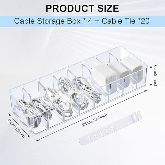 Tatuo 4 Pcs Cable Organizer with 40 Wire Ties, Plastic Cord Storage Charger Box Electronics Organizer with Adjustment Compartments Cable Storage for Drawer Home Office Desk Accessories (Clear)