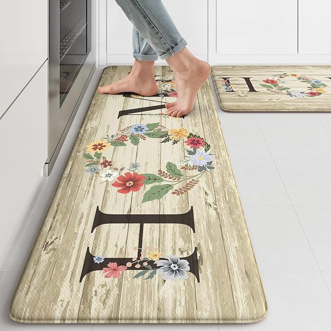 KIMODE Anti Fatigue Kitchen Mats for Floor 2 Piece,Farmhouse Floral Rugs Cushioned,Comfort Memory Foam Carpet Non Slip for Sink Laundry Office Bathroom,Beige 17"x47"+17"x29"