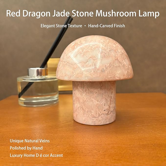 Marble Mushroom Table Lamp - Small Rechargeable USB-C Cordless Touch-Dimmable Night Light, Hand-Polished Natural Stone, 4.3"x4.7"