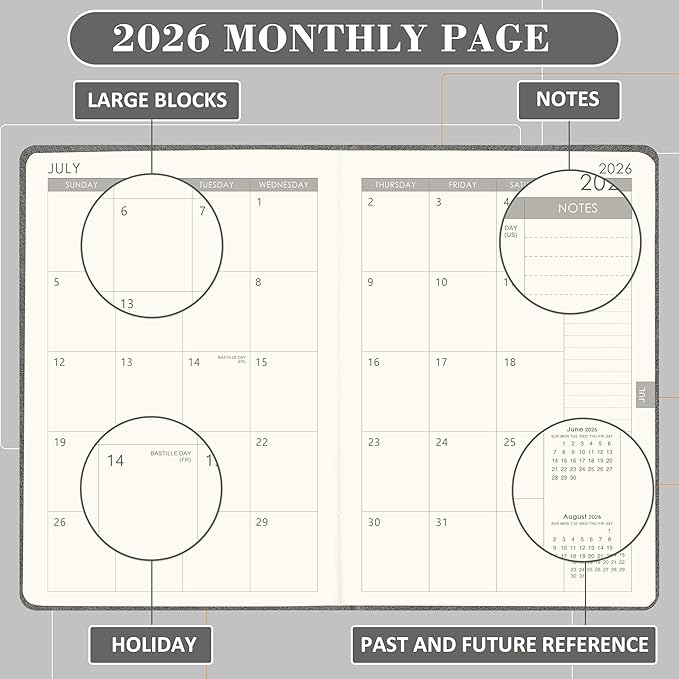 Planner 2026 - Weekly & Monthly 2026 Planner with Pen Loop, Jan 2026 - Dec 2026, to Achieve Your Goals & Improve Productivity, Thick Paper, 40 Note Pages, Inner Pocket, 5.75" x 8.25" - Grey