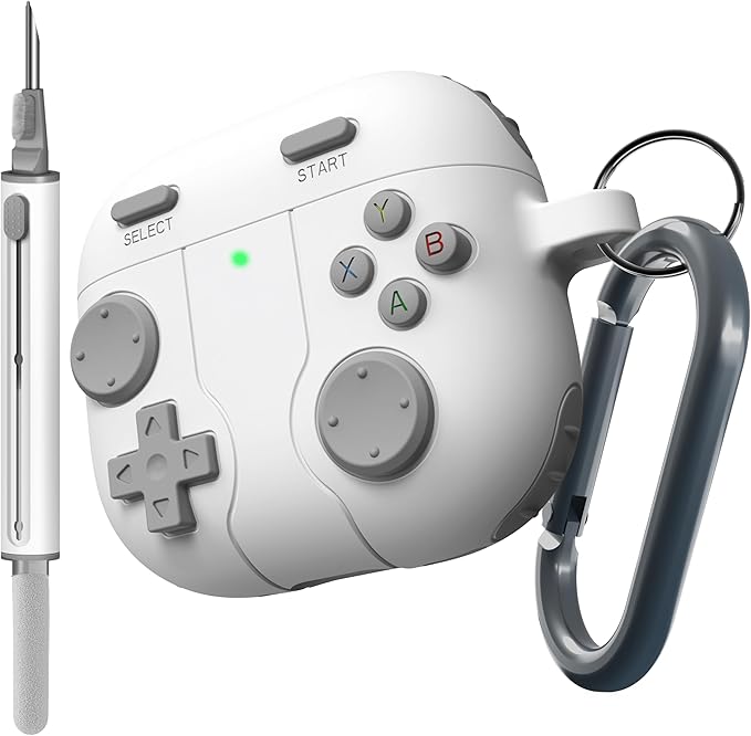 DamonLight Game Case for AirPods 4 Cover Shock-Proof Protective Silicone Case with Cleaning Pen and Keychain Accessories for Apple Airpods 4th Generation (White)