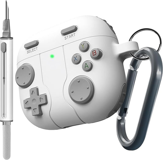 DamonLight Game Case for AirPods 4 Cover Shock-Proof Protective Silicone Case with Cleaning Pen and Keychain Accessories for Apple Airpods 4th Generation (White)