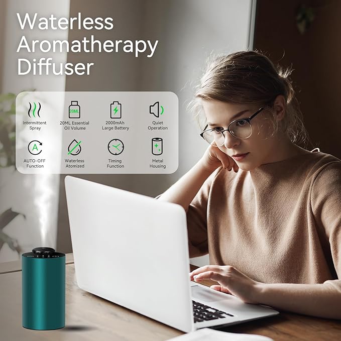 Waterless Essential Oil Diffuser for Home Battery Operated Cordless Aromatherapy Diffuser with Timing & 3 Mist Levels car Diffuser， Aluminum Alloy