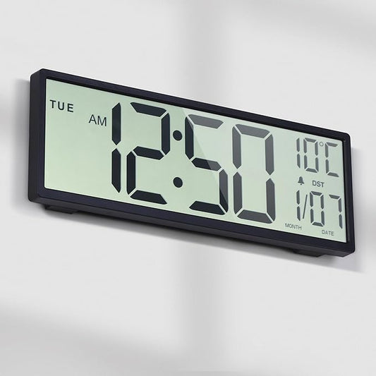 Digital Wall Clock Battery Operated, 15" Digital Clock Large Display with Date and Day of Week, Large Number with Temperature, Auto DST, Alarm, Snooze, 12/24-hour for Desk Office